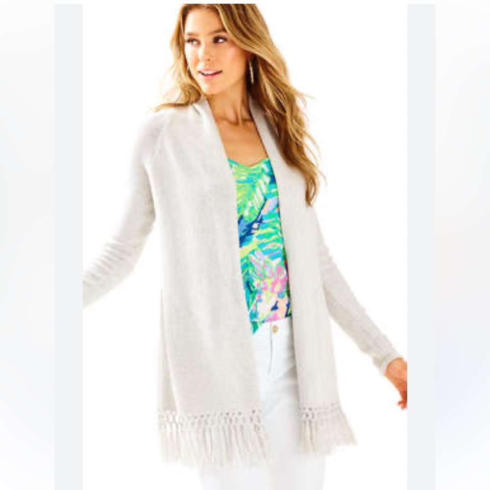 Lilly Pulitzer Tatum Elegant Sparkly‎ Gray with Fringe Open Cardigan. Size XS